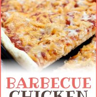 Slice of pizza topped with chicken, cheddar cheese, and barbecue sauce being lifted from the pie with text Barbecue Chicken Pizza Add Salt & Serve formerly Menus4Moms