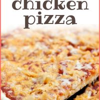Slice of pizza topped with chicken, cheddar cheese, and barbecue sauce being lifted from the pie with text Barbecue Chicken Pizza Add Salt & Serve formerly Menus4Moms