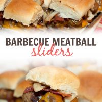 Composite image: top photo is a pan full of Barbecue Meatball Sliders. Bottom photo is a cluse-up of a Hawaiian roll with meatballs, melted cheddar cheese, bacon, and sautéed onions, with more sliders in the background. Text is Barbecue Meatball Slider - Add Salt & Serve logo