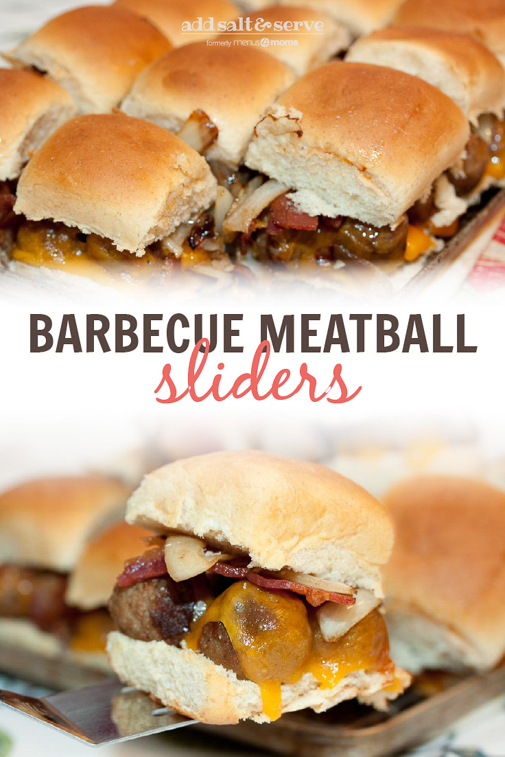 Composite image: top photo is a pan full of Barbecue Meatball Sliders. Bottom photo is a cluse-up of a Hawaiian roll with meatballs, melted cheddar cheese, bacon, and sautéed onions, with more sliders in the background. Text is Barbecue Meatball Slider - Add Salt & Serve logo