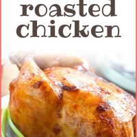 Roasted barbecue chicken on platter garnished with green onion with text Barbecue Roasted Chicken Add Salt & Serve formerly Menus4Moms