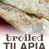 Tilapia fillets on a red plate garnished with parsley and text Add Salt & Serve formerly Menus4Moms Broiled Tilapia Parmesan