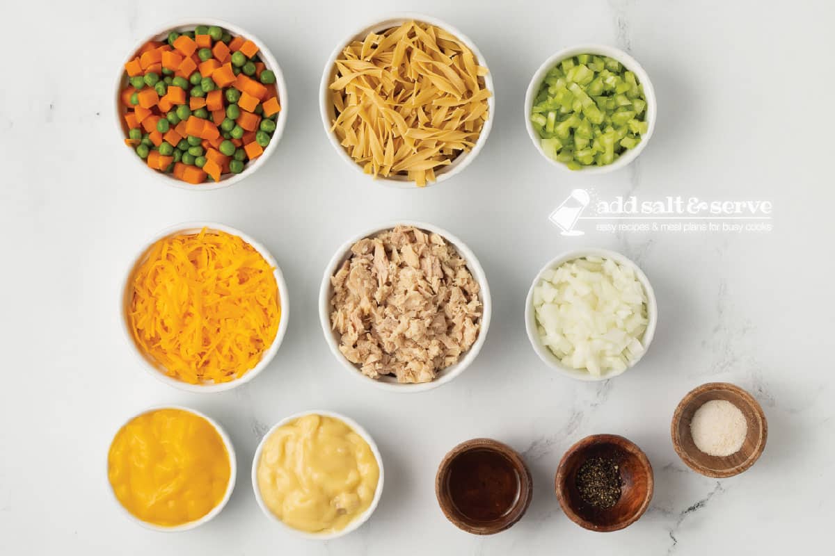 overhead view of ingredients for cheesy tuna casserole.