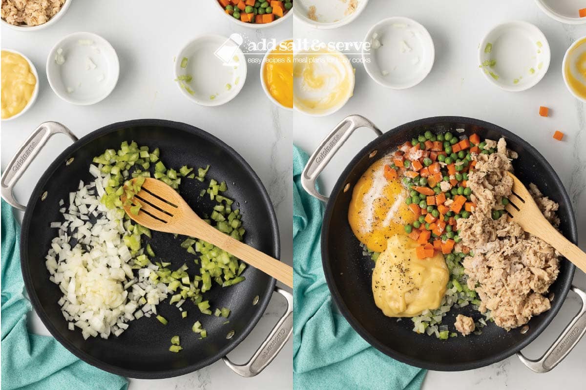 composit image: left side is sautéing chopped onion and diced celery in a skillet; right side is after adding cream of chicken soup, cheese soup, tuna, peas and carrots, and salt and pepper.