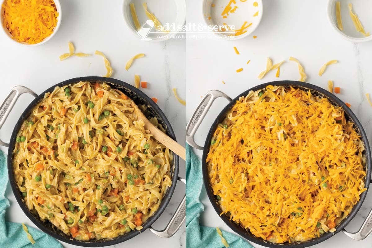 composite photo: left side is noodles and sauce mixed in an oven-proof skillet; right side is same skillet after topping with shredded cheddar cheese.