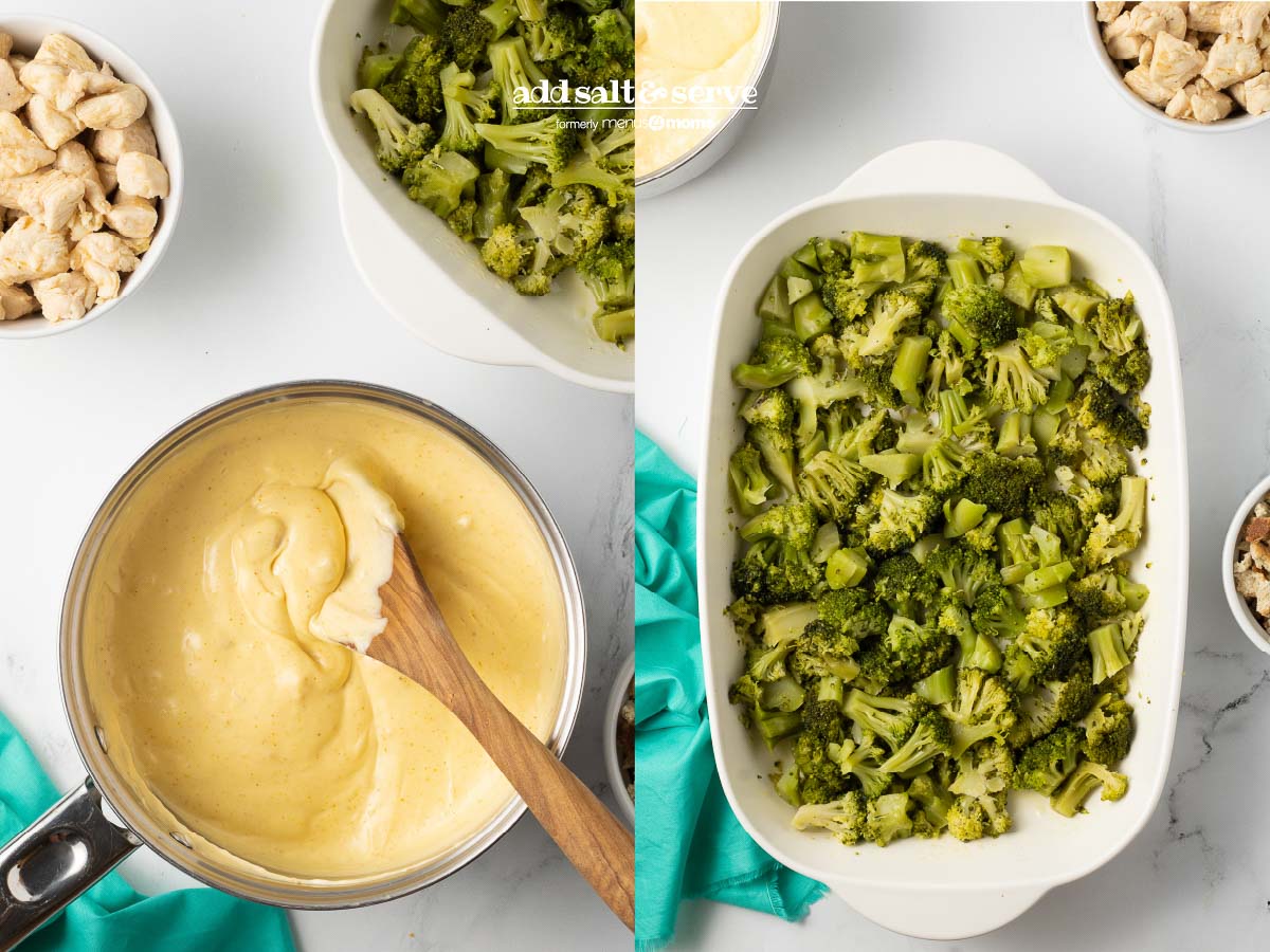 Sauce for Chicken Divan with Curry and pan with layer of broccoli.