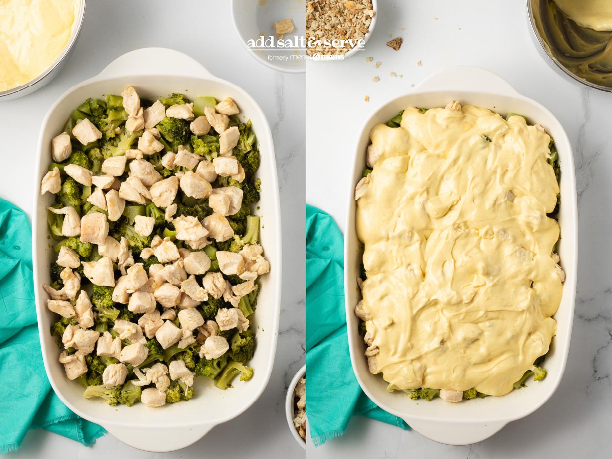 Composite with image of layering broccoli and chicken and image of same topped with curry sauce for Chicken Divan with Curry.