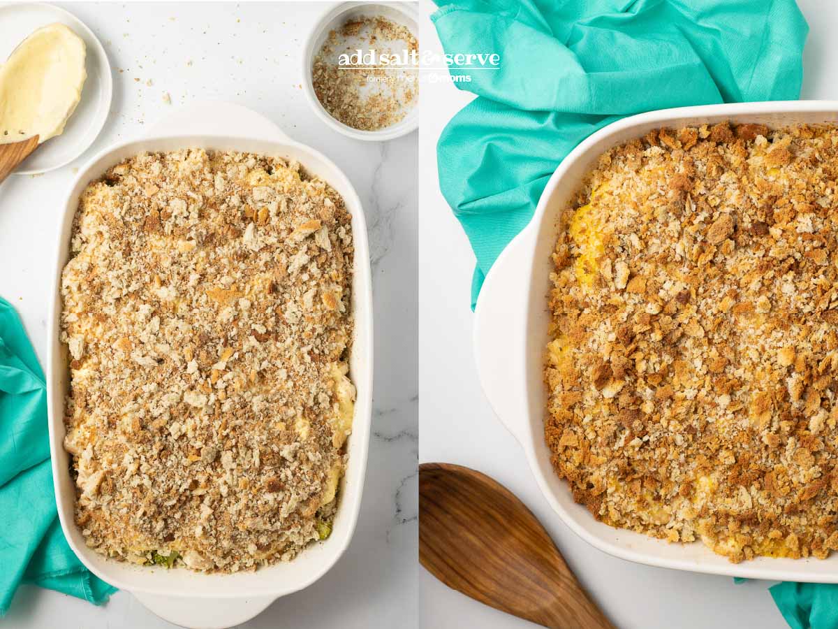 Composite showing before and after baking Chicken Divan with Curry.