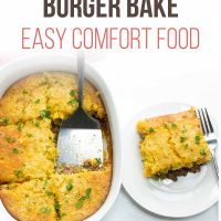 Overhead angled view of burger casserole with cornbread topping and text cornbread burger bake Easy Comfort foodAdd Salt & Serve