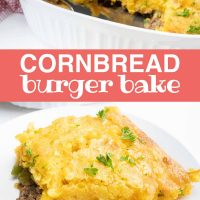 Top photo is Cornbread Burger Bake in a white casserole dish with a spatula. Bottom photo is a slice of Cornbread Burger Bake on a white plate with a fork. Text is Add Salt & Serve formerly Menus4Moms Cornbread Burger Bake