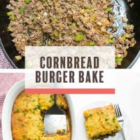 Top imbae is ground been, onions, and bell pepepr sauteing in a cast iron skillet, bottom image isoverhead view of burger casserole with cornbread topping and text cornbread burger bake Add Salt & Serve
