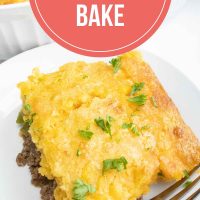 Overhead angled view of burger casserole with cornbread topping and text cornbread burger bake Add Salt & Serve