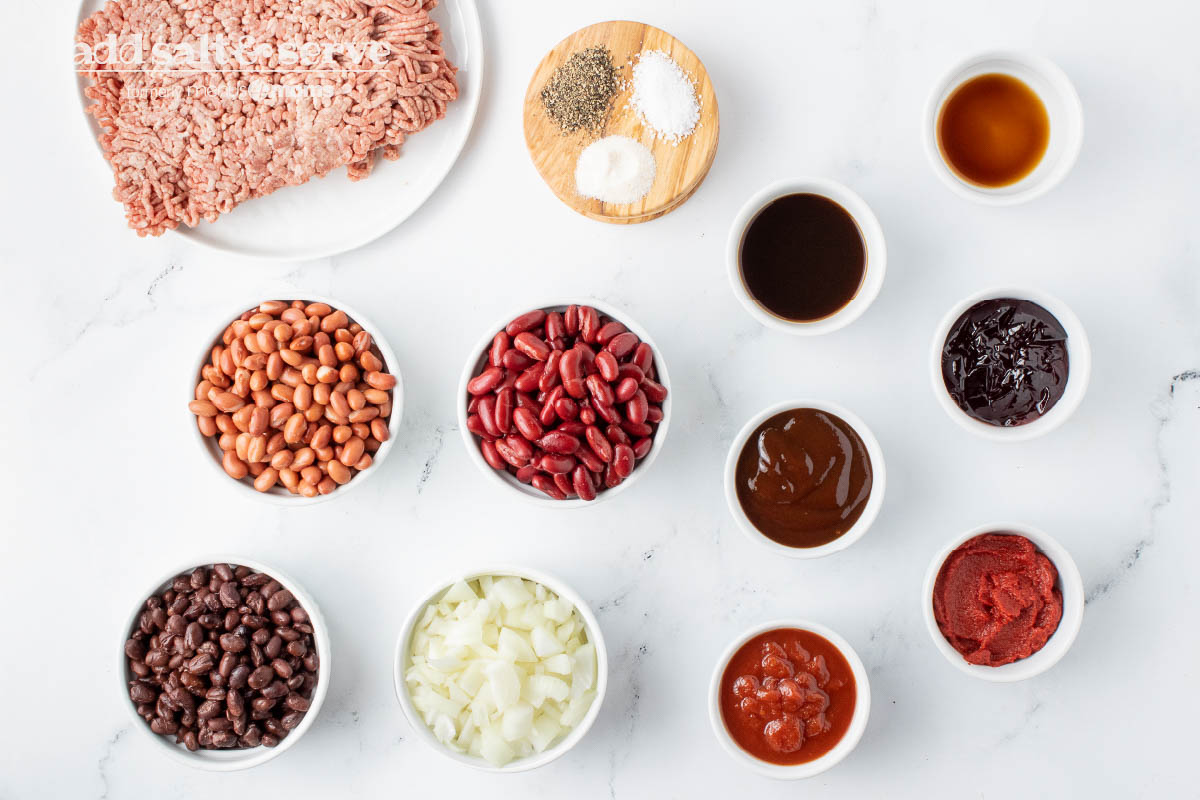 Overhead shot of ingredients for beef and beans.