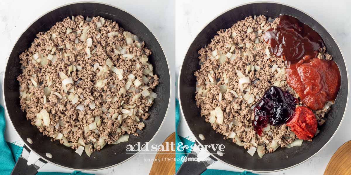Composite image of cooked ground beef and onion in a skillet on the left and with additional ingredients (grape jelly, chili sauce, barbecue sauce, and tomato paste) on the right.