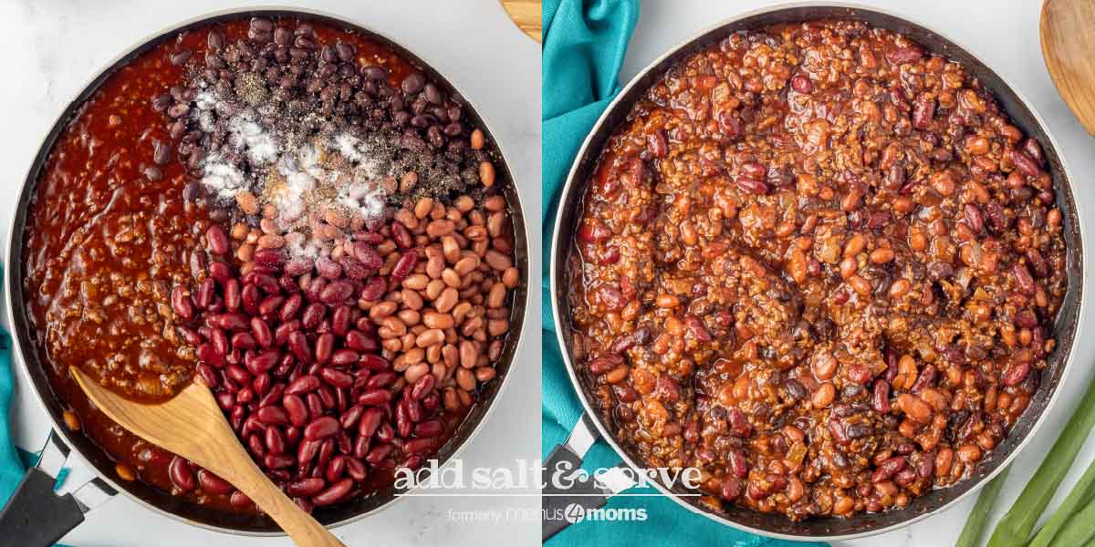 composite image with beef and beans ingredients separated in a pan on left and mixed together on right.