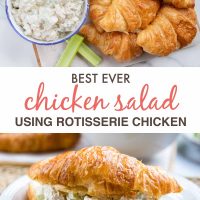 Composite image: top photo is a bowl of chicken salad next to croissants and celery. Bottom photo is chicken salad and lettuce on a croissant, all on a white plate. Text is Best Ever Chicken Salad Using Rotisserie Chicken - Add Salt & Serve logo