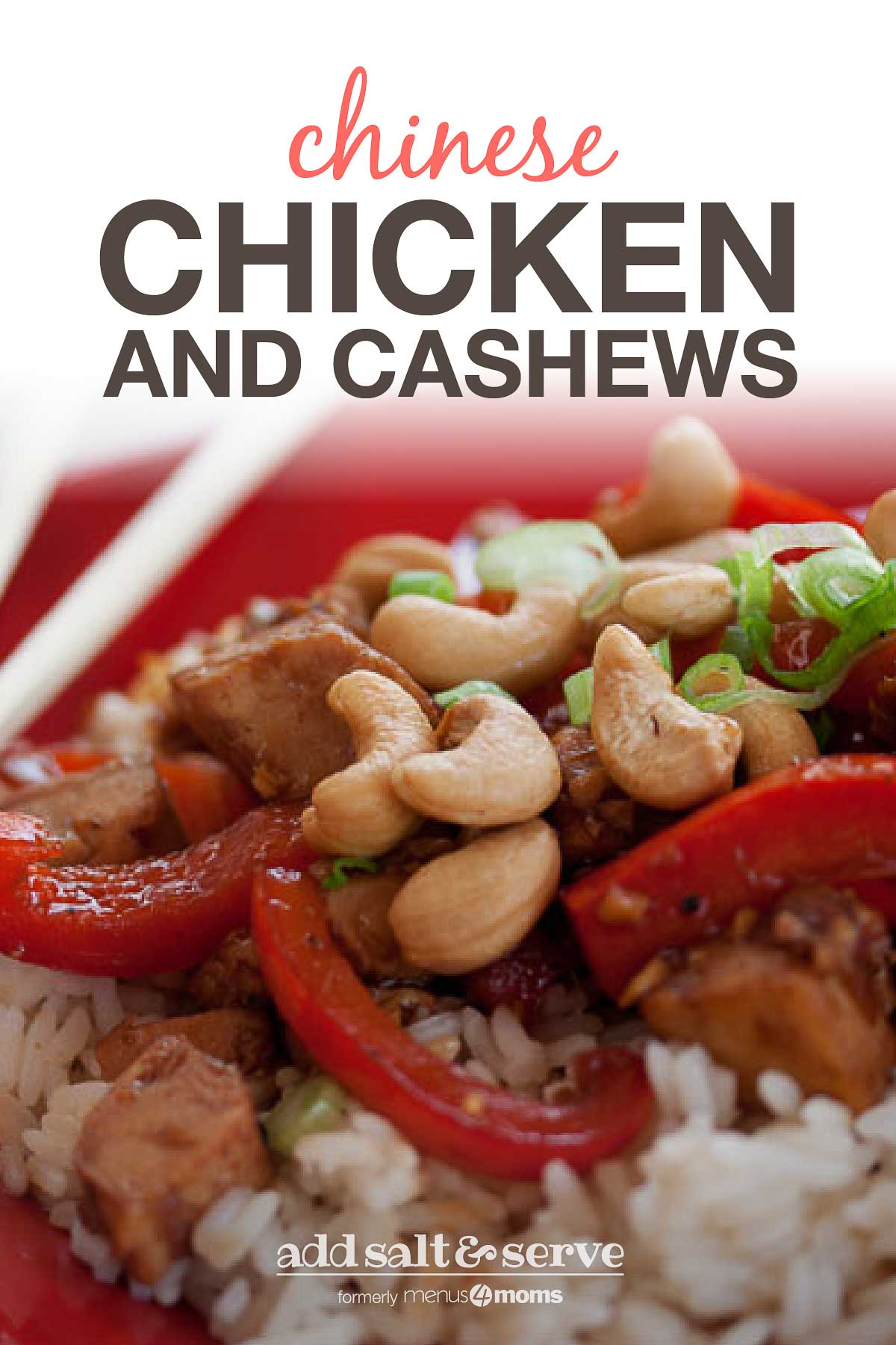 Red plate with chopsticks and rice, sliced red bell peppers, cashews, chicken, and green onions