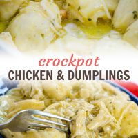 Top photo is a white square bowl full of dumplings, shredded chicken, and sauce. Bottom photo is a fork cutting into a dumpling on a blue plate with shredded chicken, dumplings, and sauce, garnished with a piece of celery; text Crockpot Chicken & Dumplings Add Salt & Serve