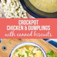 Top image is crockpot with cooked chicken in a rich sauce with cut up pieces of canned biscuits on a cutting board with scissors, bottom image is overhead view of a bowl of chicken and dumplings garnished with parsley in a bowl on a cutting board with a spoon serving a portion and text Easy Crockpot Chicken & Dumplings - Add Salt & Serve logo