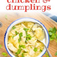 overhead view of a bowl of chicken and dumplings garnished with parsley in a bowl on a cutting board with a spoon serving a portion and text Easy Crockpot Chicken & Dumplings - Add Salt & Serve logo