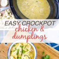 Top image is crockpot with cooked chicken in a rich sauce with cut up pieces of canned biscuits on a cutting board with scissors, bottom image is overhead view of a bowl of chicken and dumplings garnished with parsley in a bowl on a cutting board with a spoon serving a portion and text Easy Crockpot Chicken & Dumplings - Add Salt & Serve logo
