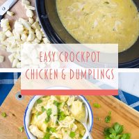 Top image is crockpot with cooked chicken in a rich sauce with cut up pieces of canned biscuits on a cutting board with scissors, bottom image is overhead view of a bowl of chicken and dumplings garnished with parsley in a bowl on a cutting board with a spoon serving a portion and text Easy Crockpot Chicken & Dumplings - Add Salt & Serve logo