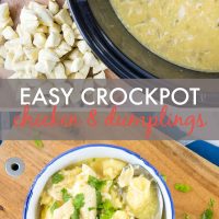 Top image is crockpot with cooked chicken in a rich sauce with cut up pieces of canned biscuits on a cutting board with scissors, bottom image is overhead view of a bowl of chicken and dumplings garnished with parsley in a bowl on a cutting board with a spoon serving a portion and text Easy Crockpot Chicken & Dumplings - Add Salt & Serve logo