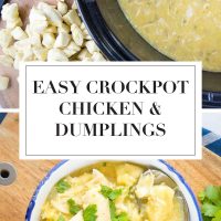 Top image is crockpot with cooked chicken in a rich sauce with cut up pieces of canned biscuits on a cutting board with scissors, bottom image is overhead view of a bowl of chicken and dumplings garnished with parsley in a bowl on a cutting board with a spoon serving a portion and text Easy Crockpot Chicken & Dumplings - Add Salt & Serve logo
