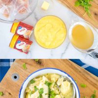 top image is overhead view of ingredients: cream of chicken soup, canned biscuits, chicken breasts, chicken broth, butter, onion, and parsley, bottom image is overhead view of a bowl of chicken and dumplings garnished with parsley in a bowl on a cutting board with a spoon serving a portion and text Easy Crockpot Chicken & Dumplings - Add Salt & Serve logo