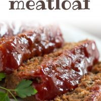 Slices of glazed meatloaf on a white plate. Text Glazed Meatloaf Add Salt & Serve formerly menus4moms