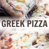 Top photo is Greek Pizza with a slice being removed. Bottom photo is a Greek Pizza. Text Greek Pizza Add Salt & Serve formerly Menus4Moms