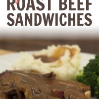 Roast beef and gravy on white bread with mashed potatoes and gravy and steamed broccoli on a white plate; text Open Faced Roast Beef Sandwiches - Add Salt & Serve logo