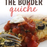Photo of a fork cutting into a slice quiche topped with salsa and sour cream; text South of the Border Quiche - Add Salt & Serve logo
