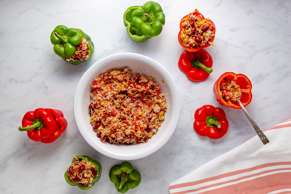 Bell peppers and filling for Easy Slow Cooker Southwestern Stuffed Peppers with Cheese