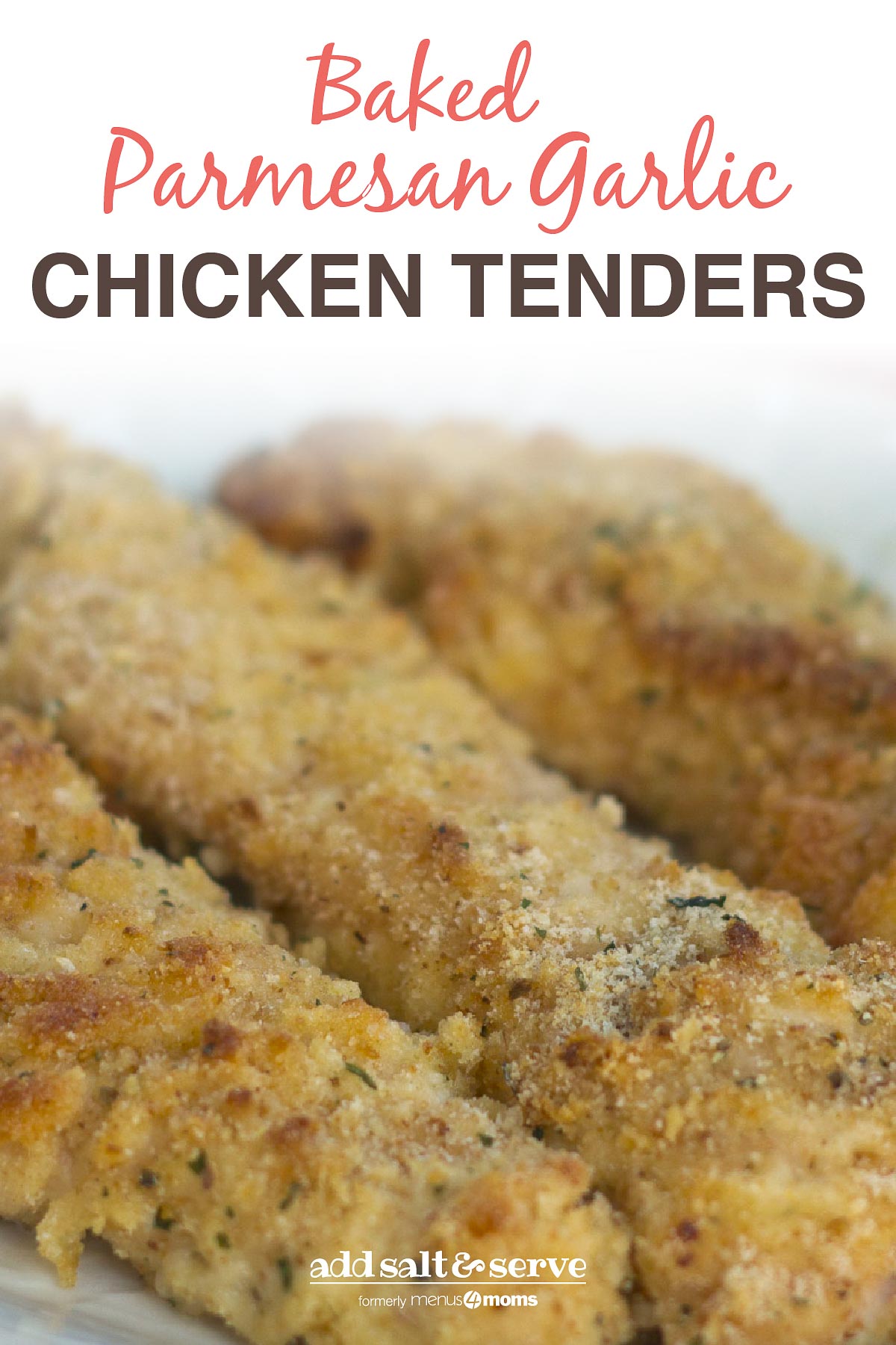 Three breaded chicken tenders on white plate