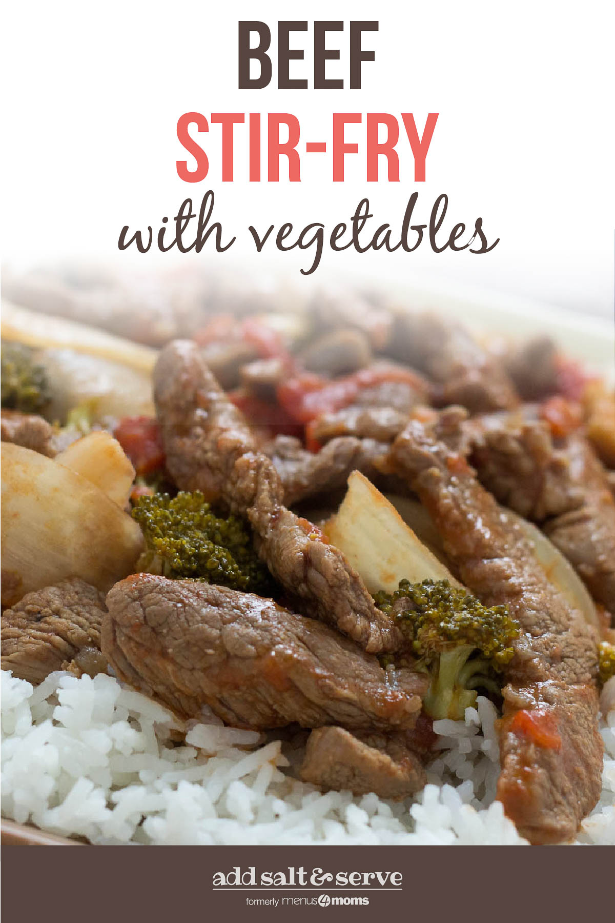 Cooked strips of beef with onions, brocolli florets, diced tomatoes, and mushrooms on a bed of rice; text Beef Stir-fry with Vegetables - Add Salt & Serve logo