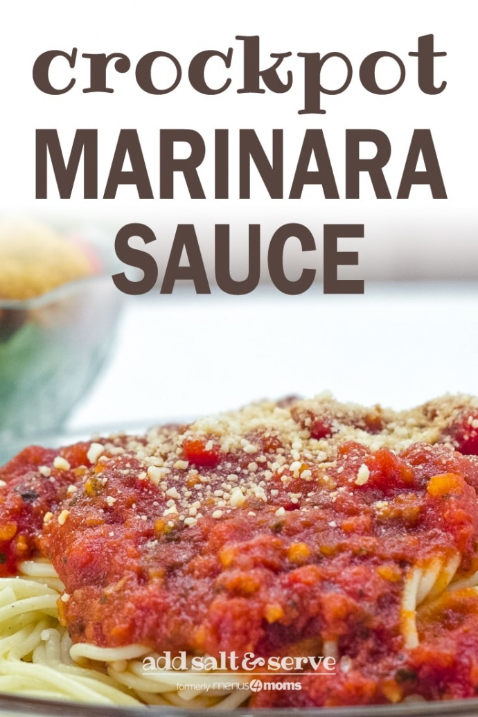 Spaghetti topped with marinara sauce and grated parmesan cheese; text crockpot marinara sauce add salt & serve formerly menus4moms