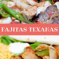 Black and red plate with cooked shrimp, and sliced onions, green bell peppers, and steak, with sliced cheddar cheese, sour cream, and a rolled tortilla; text Fajitas Texanas Add Salt & Serve