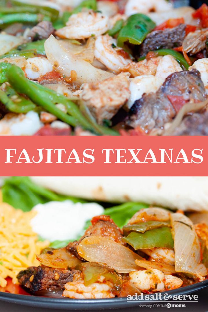 Black and red plate with cooked shrimp, and sliced onions, green bell peppers, and steak, with sliced cheddar cheese, sour cream, and a rolled tortilla; text Fajitas Texanas Add Salt & Serve