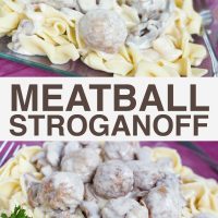 Top photo is wide egg noodles and meatballs topped with a mushroom sauce on a purple plate with a fork, garnished with parsley. Bottom photo is Wide egg noodles and meatballs topped with a mushroom sauce on a purple plate, garnished with parsley; text Meatballs Stroganoff Add Salt and Serve