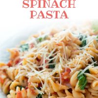 Spiral pasta mixed with diced tomatoes and spinach, topped with shredded parmesan cheese with text One Pot Tomato Spinach Pasta - Add Salt & Serve logo