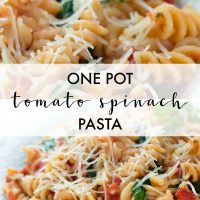 Spiral pasta mixed with diced tomatoes and spinach, topped with shredded parmesan cheese with text One Pot Tomato Spinach Pasta - Add Salt & Serve logo