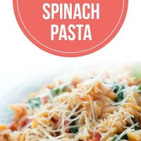 Spiral pasta mixed with diced tomatoes and spinach, topped with shredded parmesan cheese with text One Pot Tomato Spinach Pasta - Add Salt & Serve logo