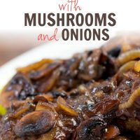Hamburger patty covered with sliced mushrooms and onions and gravy with text Smothered Salisbury Steak with Mushrooms and Onions - Add Salt & Serve logo