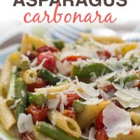 Tomato and Asparagus Carbonara on a plate; text Tomato and Asparagus Carbonara - Add Salt & Serve logo