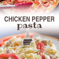 Strips of onion and red and yellow bell peppers with diced chicken on a bed of angel hair pasta, with melted mozzarella cheese.