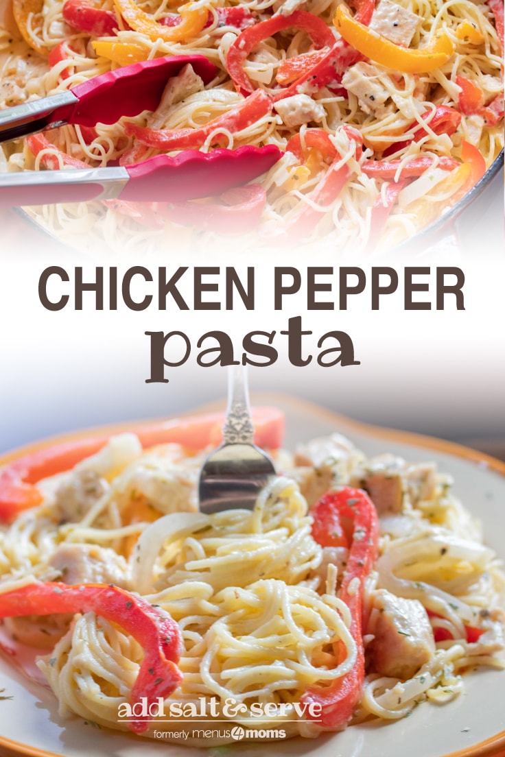 Strips of onion and red and yellow bell peppers with diced chicken on a bed of angel hair pasta, with melted mozzarella cheese. 
