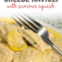 A yellow plate with cheese ravioli and slices of yellow squash covered with cheese sauce. There is a fork on top of the ravioli. Text is Creamy Cheese Ravioli with Summer Squash - Add Salt & Serve