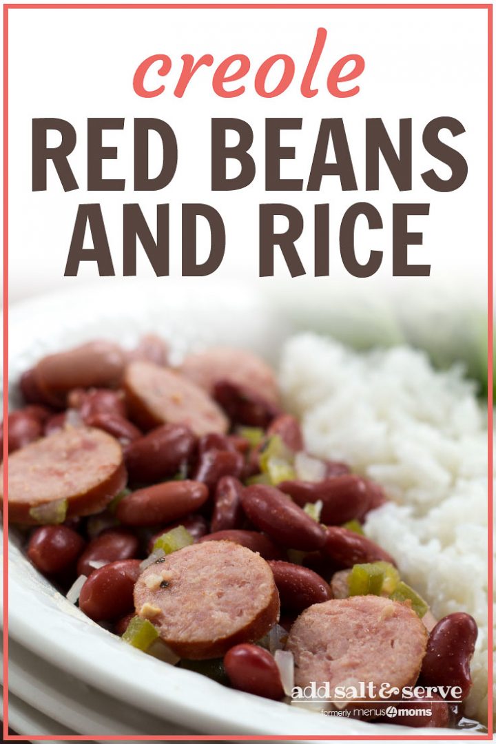 Slices of smoked sausage mixed with red beans, diced onions, and diced green bell pepper, beside a serving of rice. The food is in a white bowl with a fork and garnished with a sprig of parsley. Text Red Beans and Rice Add Salt & Serve formerly Menus4Moms