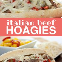 Top photo is shredded roast beef, onions, and bell peppers coverd with melted mozarella cheese on a hoagie roll. Bottom photo is a hoagie roll on a red plate with shredded roast beef, onions, and bell peppers, with a white bowl of pickled peppers in the background; text Italian Beef Hoagies Add Salt & Serve formerly Menus4Moms